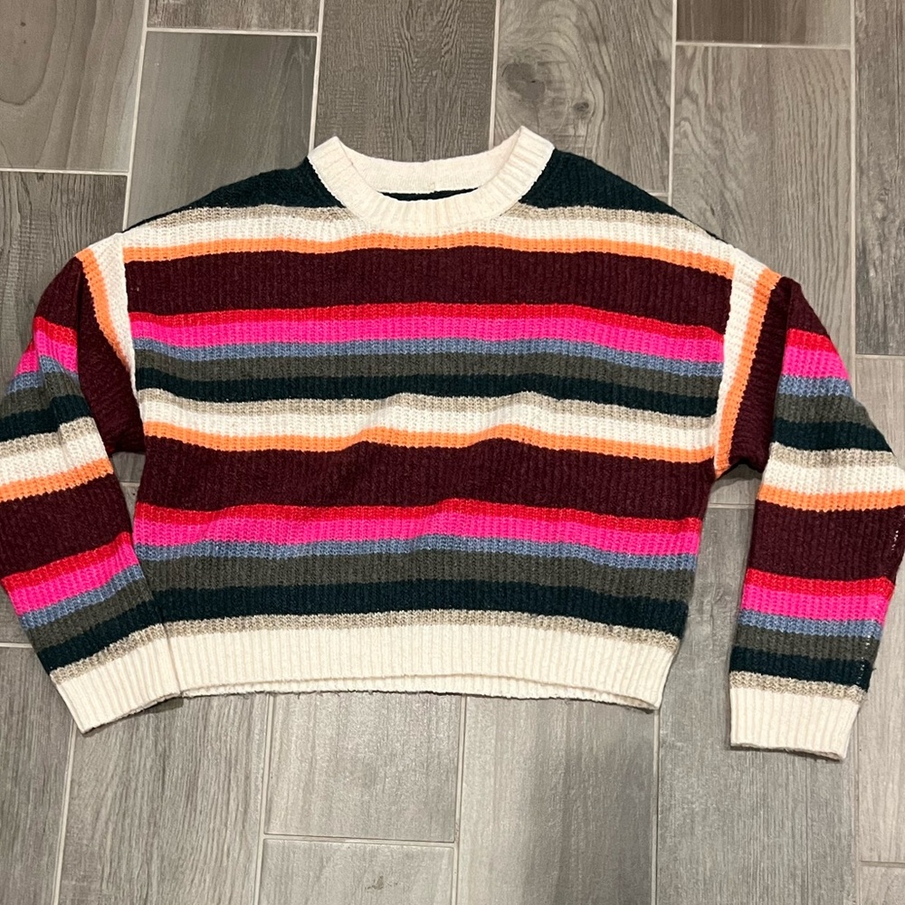 American Eagle Striped Crew Neck Cropped Sweater Size Large